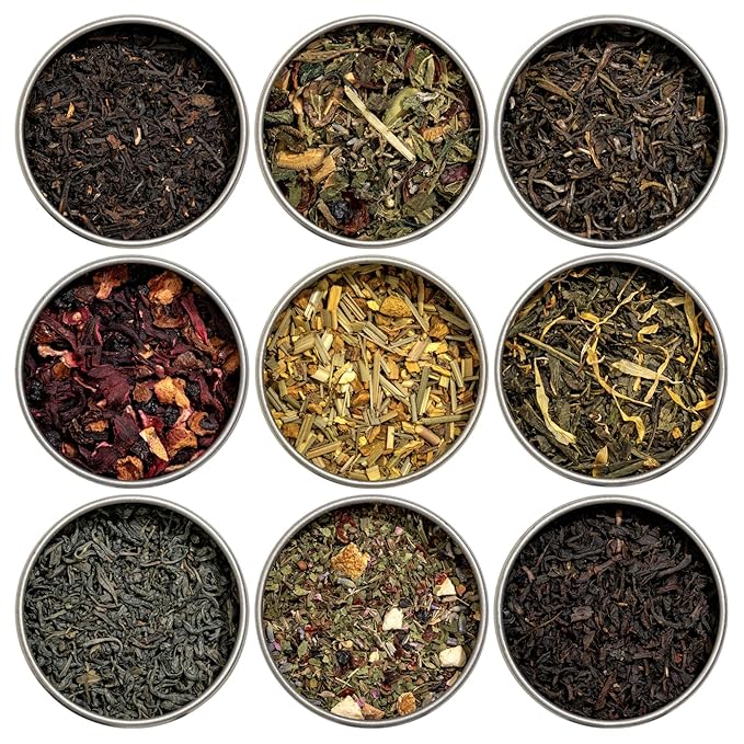 Heavenly Tea Leaves Organic 9 Loose Leaf Tea Sampler Gift Set (Approx. 90 Cups) | Assortment of Black Tea, Green Tea, Herbal Tea | High to No Caffeine | Great Hot or Iced | Premium Assorted Gift Box - Bloomnest