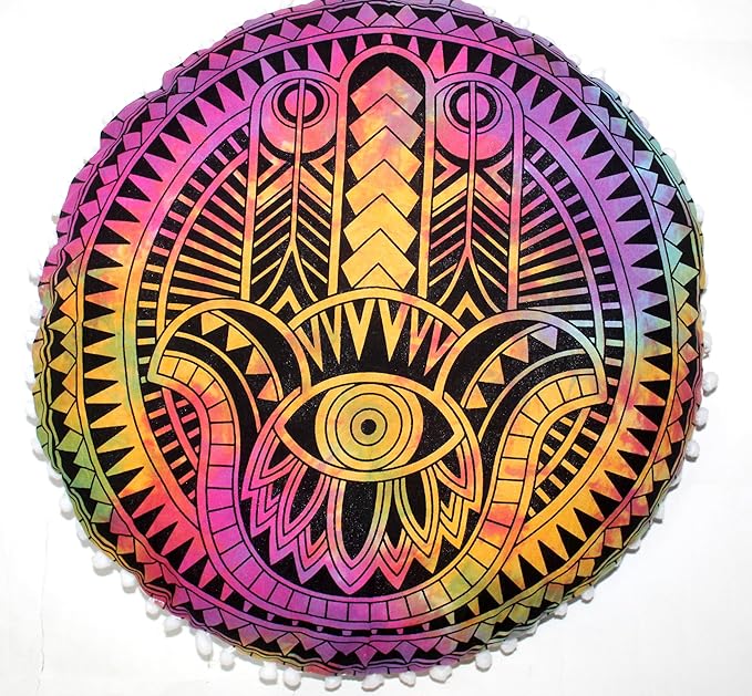 CRAFT KALA Large Round Bohemian Floor Pillow Pouf Cover Mandala Meditation Room Pillow Cover for Adults Boho Seating Poufs Cushion Cover for Kids Playroom Multi Hamsa 32" Round - Bloomnest