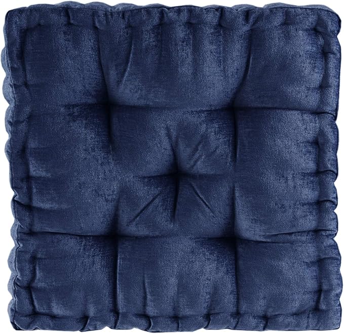 Intelligent Design Azza Floor Pillow, Large Cushions Sitting for Adults, Floor Pillow for Meditation or Yoga, Lustrous Chenille Tufted with Scalloped Edges for Bench/Chair Cushion, 20"x20"x5" Navy