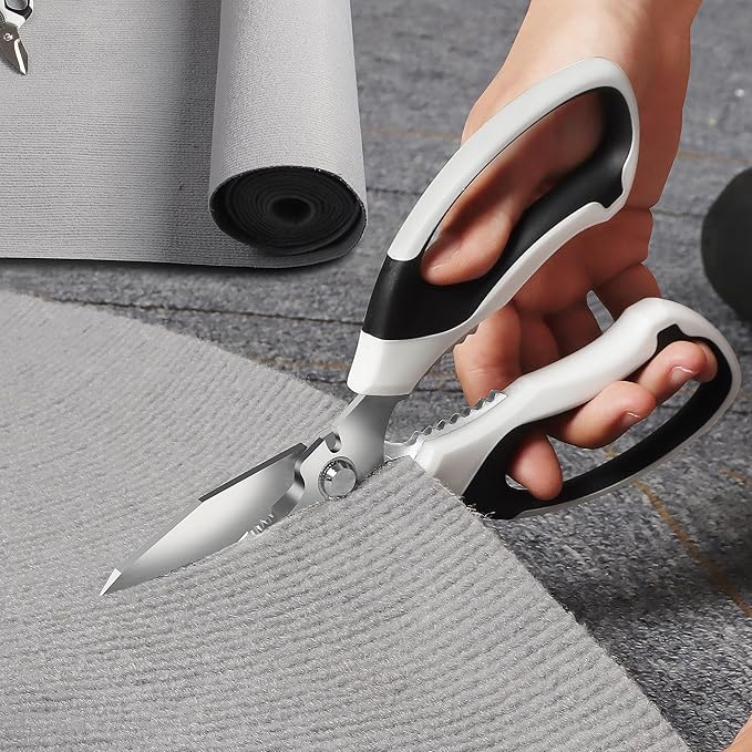 8-Inch Heavy Duty Utility Scissors All Purpose, Serrated Blade, White Comfort Grip for Cutting Carpet, Cardboard, Leather, Fabric, Multipurpose Sharp Shears for Kitchen, Garden, Office, Carft - Bloomnest
