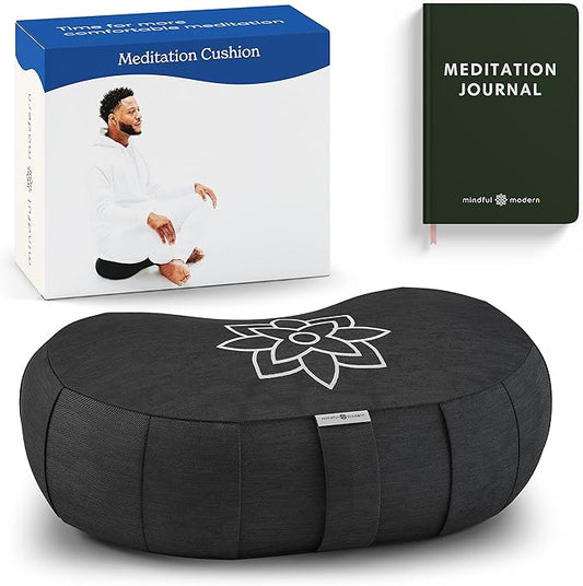 Mindful & Modern Large Meditation Cushion | Zafu Yoga Bolster Meditation Floor Pillow Seat | Buckwheat Hull Filled Crescent Shaped Cushion with Removable Washable Cover + Carry Handle - Bloomnest