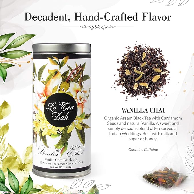 Vanilla Chai Black Tea by La Tea Dah, Premium Spiced Chai Tea Bags made with Organic Black Tea Leaves, Cardamom, & Vanilla, Floral Tea Gift Collection, Contains Caffeine (12 Sachets) - Bloomnest