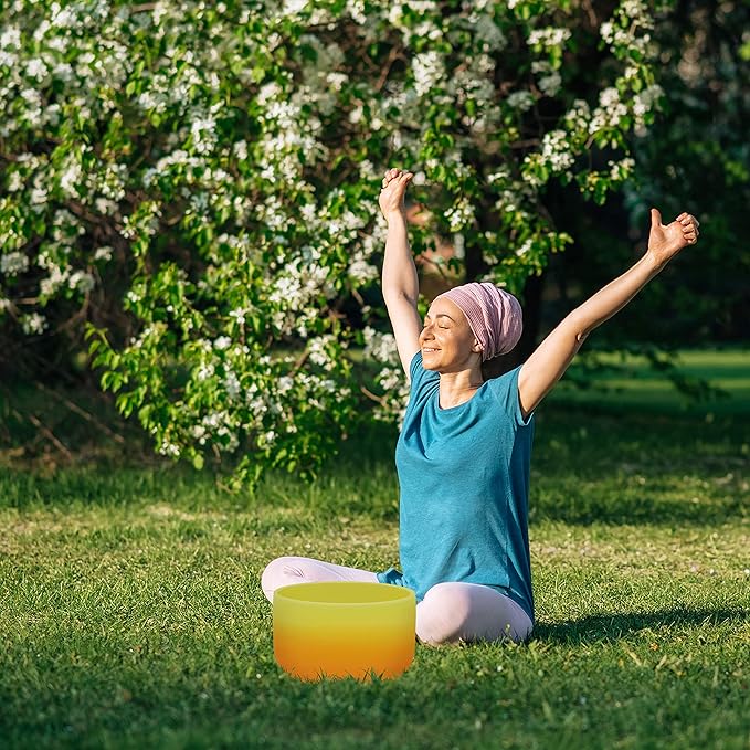 TOPFUND Orange Yellow E Note Crystal Singing Bowl Solar Plexus Chakra 10 inch with Heavy Duty Carrying Case and Suede Mallet