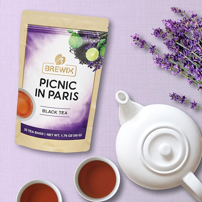 BREWIX, Earl Grey with Lavender Tea, Picnic in Paris Black Tea (25 Pyramid Tea Bags) | Black Tea with Bergamot, Lavender and Vanilla Notes | Gourmet Tea - Bloomnest