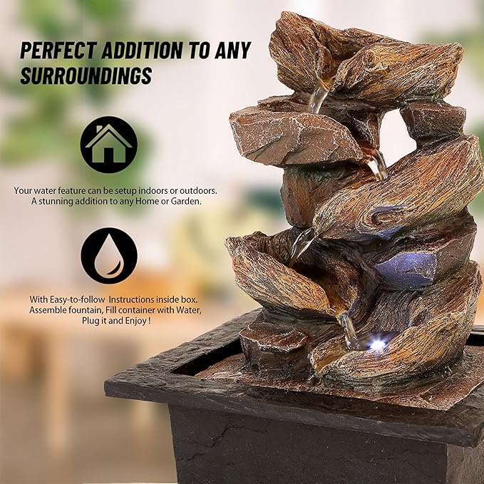 Father'sDen Collection 11-inch Waterfall Fountain Indoor - Tabletop Water Fountain - Indoor Fountains and Waterfalls with Soothing Sounds & In-Pot LED Light Enhancement - Bloomnest