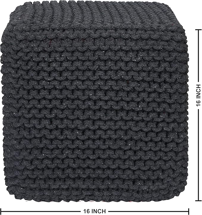 REDEARTH Cube Pouf Foot Stool Ottoman - Hand Knitted Coffee Table - Cotton Cord Boho Pouffe - Home Décor Poof - Stuffed Footrest for Living Room - Bedroom - Patio (16" x 16" x 16") - Dark Gray - Bloomnest