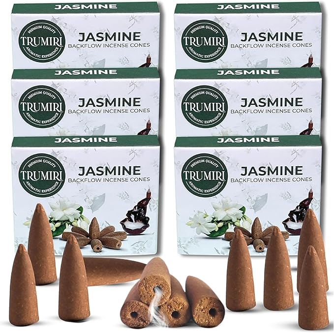 Jasmine Backflow Incense Cones - 60 Cones, Six Packs of 10 - Waterfall Effect TRUMIRI