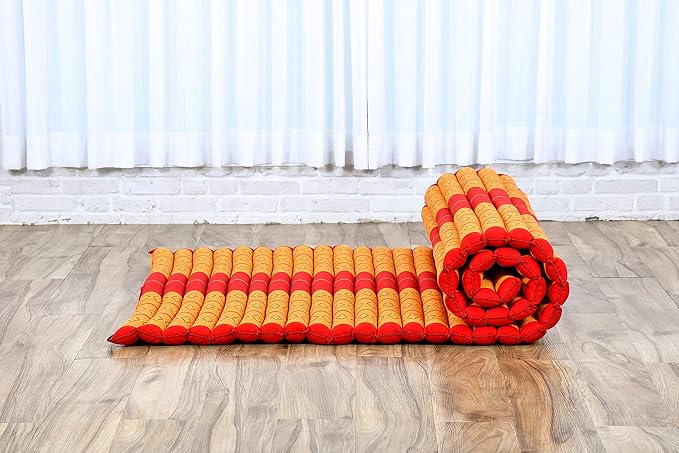 Leewadee - Kapok Roll Mat – Handcrafted Folding Sleep & Relaxation Mattress from Thailand, Ideal as Guest Bed, Camping Mat, Yoga Mat or Traditional Futon, 75 x 39 inches, Orange Red - Bloomnest