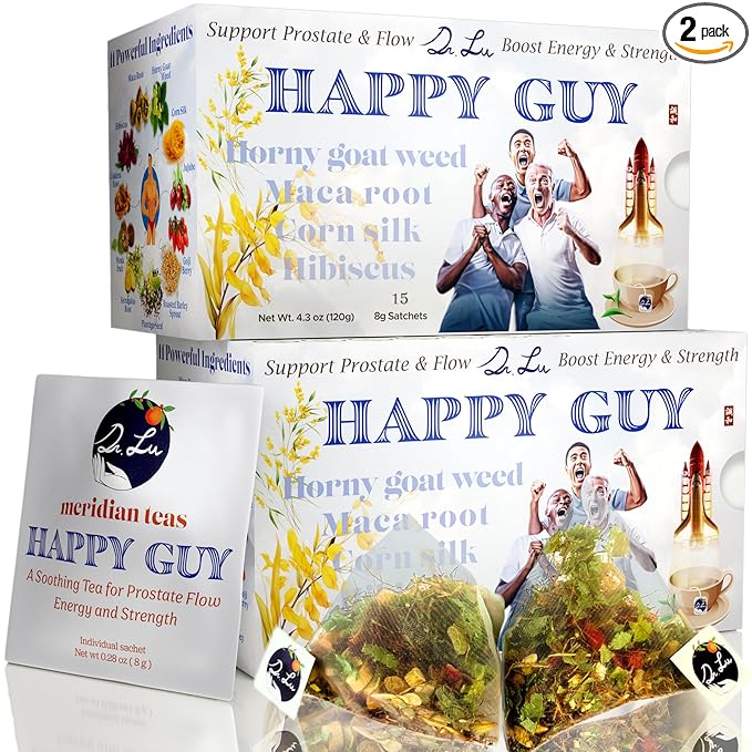 2 Pack of Dr. Lu’s Meridian Tea – Happy Guy | 100% Natural Energy Tea for Men | 11-Herb Blend with Maca, Corn Silk & Hibiscus in Corn Fiber Tea Bags Made in USA - Bloomnest
