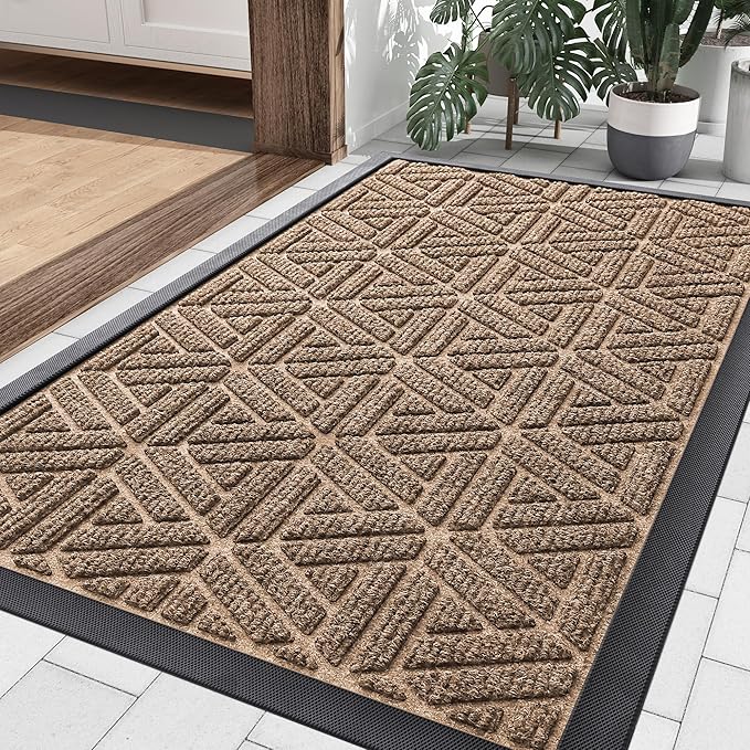 Smiry Front Door Mat Outside Entrance, Heavy Duty Sturdy Natural Rubber Doormat, Trap Dirt and Moisture, Easy Clean Low Profile Mats for Indoor Outdoor Entry, Grid Geometric (29.5x17, Coffee) - Bloomnest