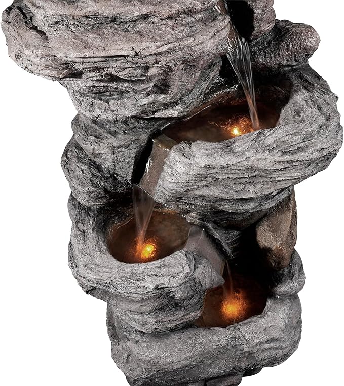 Teamson Home 39.37 in. Outdoor Faux Stacked Stone 4-Tier Water Fountain with LED Lights and Pump, Gray - Bloomnest