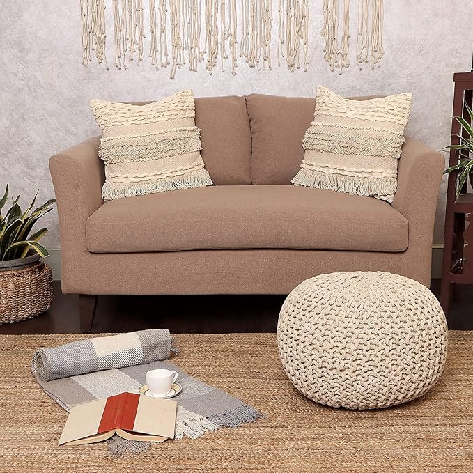 REDEARTH Round Pouf Ottoman - Cable Knitted Boho Poof - Home Décor Cord Pouffe Handmade Circular Footrest for Living Room - Bedroom - Kids Bedroom - 100% Cotton Pouf (19.5"x19.5"x14") - Ivory - Bloomnest