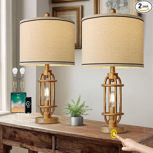 23.75'' Table Lamps Set of 2 for Living Room Bedroom Industrial Farmhouse Metal Touch Lamps with USB A+C Ports, Night Light Vintage Nightstand Bedside Lamp, Bulbs Included, Antique Gold - Bloomnest
