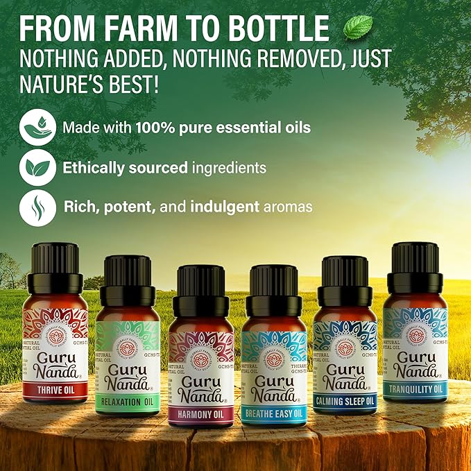 GuruNanda Essential Oil Blends (Set of 6) - Natural Essential Oil Set, Aromatherapy Oil Blends for Diffusers - Breathe Easy, Tranquility, Harmony, Calming Sleep, Relaxation & Thrive - Bloomnest