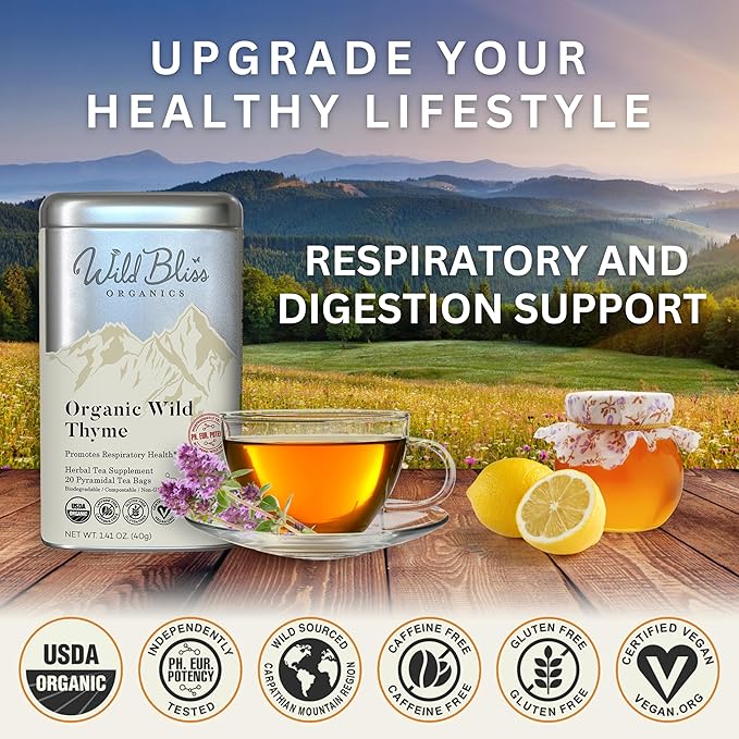 Wild Bliss Organic Wild Thyme Tea - Caffeine Free Respiratory Herbal Support - Pharmacopoeia Potency - 20 Plant Based Tea Bags - Bloomnest