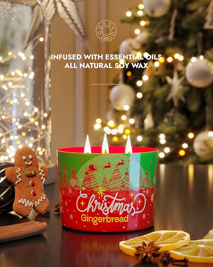 96NORTH Luxury Christmas Candle Gingerbread Scented | Large 3-Wick Jar Candle | Up to 40 Hours Burning Time | 100% Natural Soy Wax | Ideal Christmas Candles Gift - Bloomnest