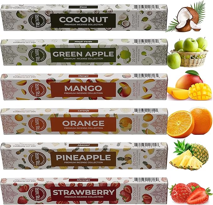 Fruity Incense Sticks Variety Pack - 120 Insence-Sticks (6 Incents x 20 Insense) - Coconut Orange Pineapple Mango Strawberry Apple - Natural Inscents-Sticks Non Toxic Inciensos + Stick Incense Holder - Bloomnest