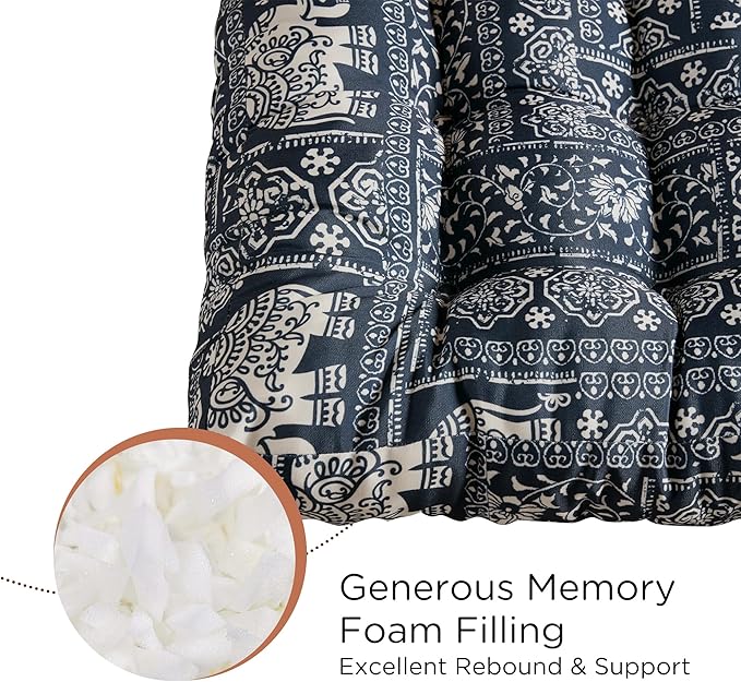 Meditation Floor Pillow Set of 2, Large Pillows Seating for Adults and Kids, Bohemian Cushion for Fireplace Yoga Living Room Sitting, Memory Foam Added, 22x22 Inch Indigo Elephant - Bloomnest