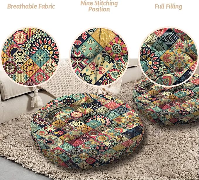 Mandala Meditation Cushion, Boho Meditation Mat, Meditation Pillows for Sitting on Floor, Cushions for Sitting in Home and Outdoor, Round Floor Pillows Cushion Seating for Yoga 22'' X 22'' - Bloomnest