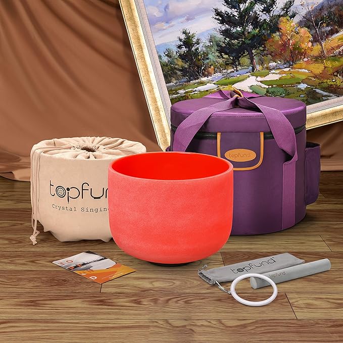 TOPFUND Orange D# Note Crystal Singing Bowl Navel Chakra 10 inch with Heavy Duty Carrying Case and Suede Mallet