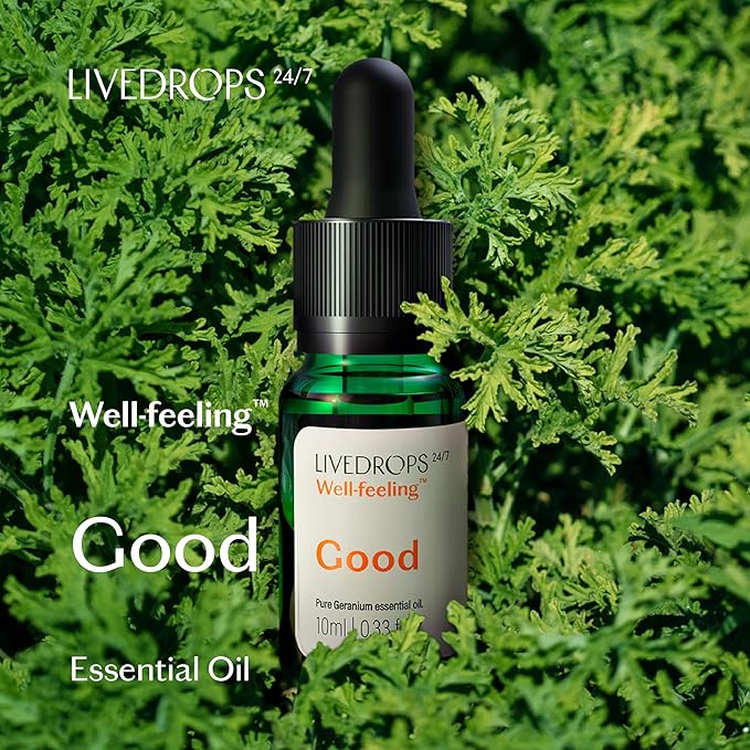 LIVEDROPS 24/7 Good Geranium Essential Oil, Natural Vegan Aromatherapy for Diffuser or Diluted Skin Use, Rosy Floral Scent, Origin Egypt, Made in USA, Clinically Tested, 10ml - Bloomnest