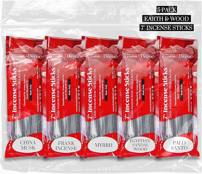 Aroma Depot Earth & Wood Vibes 7'' Incense Sticks - Variety Set 500 Pack - 7 inch - 5 Bundles 100 Sticks Per Scent. Set Features China Musk, Egyptian Sandalwood, Frankincense, Myrrh, Palo Santo