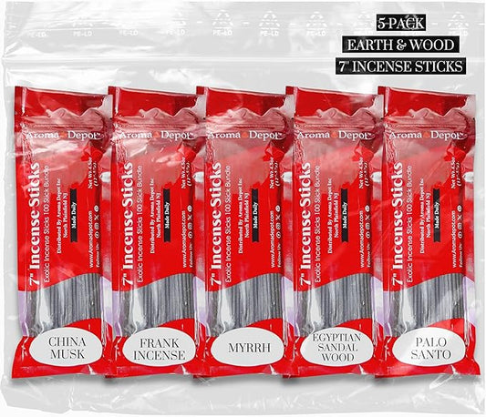 Aroma Depot Earth & Wood Vibes 7'' Incense Sticks - Variety Set 500 Pack - 7 inch - 5 Bundles 100 Sticks Per Scent. Set Features China Musk, Egyptian Sandalwood, Frankincense, Myrrh, Palo Santo