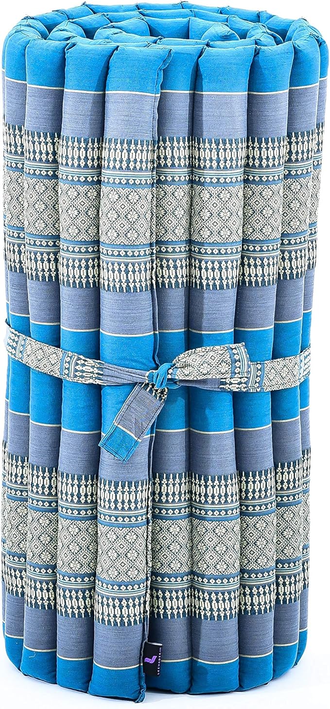 Leewadee - Foldable Floor Mattress - Japanese Roll Up Futon -Trifold Tatami Mat- Guest Floor Bed - Camping Mattress - Thai Massage Mat, Kapok Filled, 75 x 28 inches, Light Blue - Bloomnest