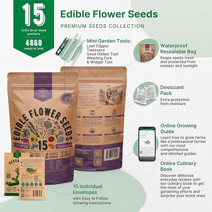 Organo Republic 15 Edible Flower Seeds Variety Pack- Indoor/Outdoor. 4800+ Non-GMO Heirloom Flower: Borage, Bishop's Flower, Chicory, Chives, Hyssop, Echinacea, Lavender Seeds & More - Bloomnest