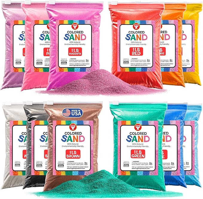 Hygloss Colored Sand for Crafts - 12 Assorted Colors Bags - 1 lb Vibrant Colorful Fine Sensory Play Sand Art Kits for Kids - Classroom Activities for Children 3 4 5 6 7 8 9 10 11 12 - Safe for Ages 3+ - Bloomnest