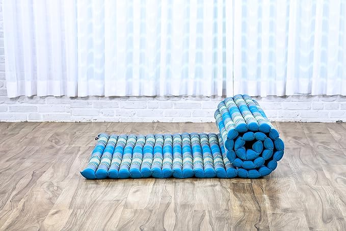 Leewadee - Foldable Floor Mattress - Japanese Roll Up Futon -Trifold Tatami Mat- Guest Floor Bed - Camping Mattress - Thai Massage Mat, Kapok Filled, 75 x 39 inches, Light Blue - Bloomnest