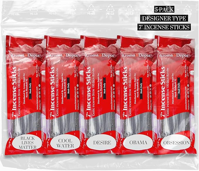 Designer Type 7'' Incense Sticks - Variety Set 500 Pack - 7 inch - 5 Bundles 100 Sticks Per Fragrance Scent. Set Features Black Liver Matter, Kool Water, Desire, Obama & Obsession Type AromaDepotInc