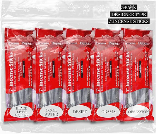 Designer Type 7'' Incense Sticks - Variety Set 500 Pack - 7 inch - 5 Bundles 100 Sticks Per Fragrance Scent. Set Features Black Liver Matter, Kool Water, Desire, Obama & Obsession Type AromaDepotInc