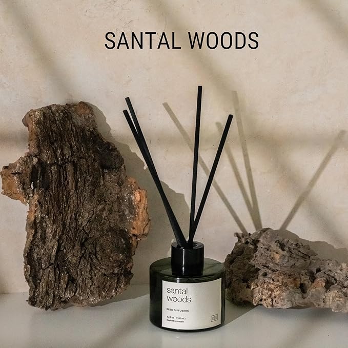 Craft & Kin Santal Woods Christmas Reed Diffuser | All Natural Essential Oil & Rattan Scent Sticks | Holiday Reed Diffusers for Home, Bathroom | Long Lasting Home Fragrance in Green Glass, 3.4oz CraftKin