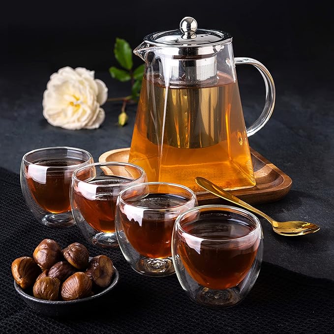 Mixpresso 5 Piece Glass Tea Pot Set, Kettle with Removable Infuser, Clear Glass Teapot 33oz With 4 Double Wall Cups 2.7oz Stovetop Safe Teapot For Loose Leaf Tea, Perfct As Tea Gift Sets. - Bloomnest