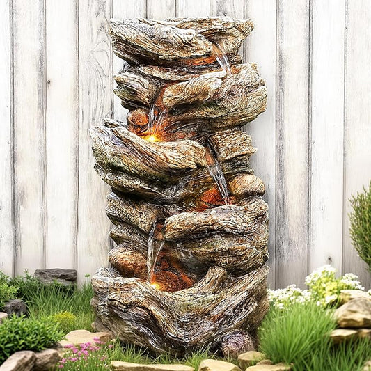 32" High Outdoor Water Fountain, 5-Tiers Cascading Rock Waterfall with LED Lights for Garden, Patio, Yard Decor, Soothing Tranquility for Any Outdoor Living Space - Bloomnest
