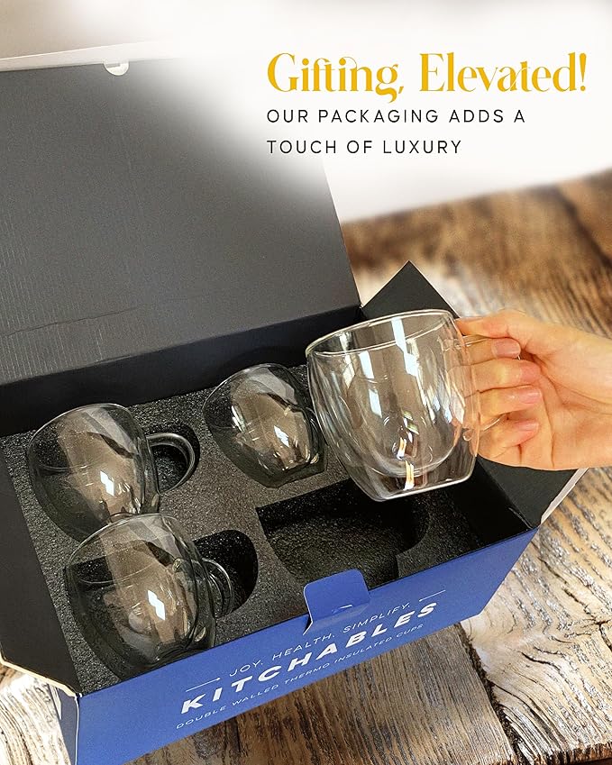Kitchables Double Walled Glass Coffee Mugs Set of 4, 8oz - Insulated Glass Coffee Mugs for Cappuccino, Latte, Tea, Espresso - Latte Cup - Tazas Para Cafe - Bloomnest
