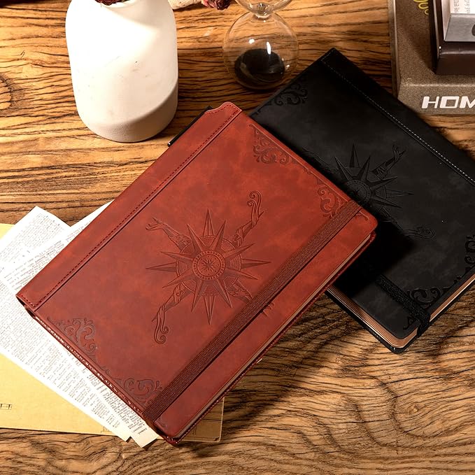 CAGIE Compass Leather Notebook Journal for Men, 100 GSM 288 Pages Lined Journals for Writing, A5 Hardcover Journaling Notebooks Gift Set with Pen for Travel Office Daily Writing - Bloomnest