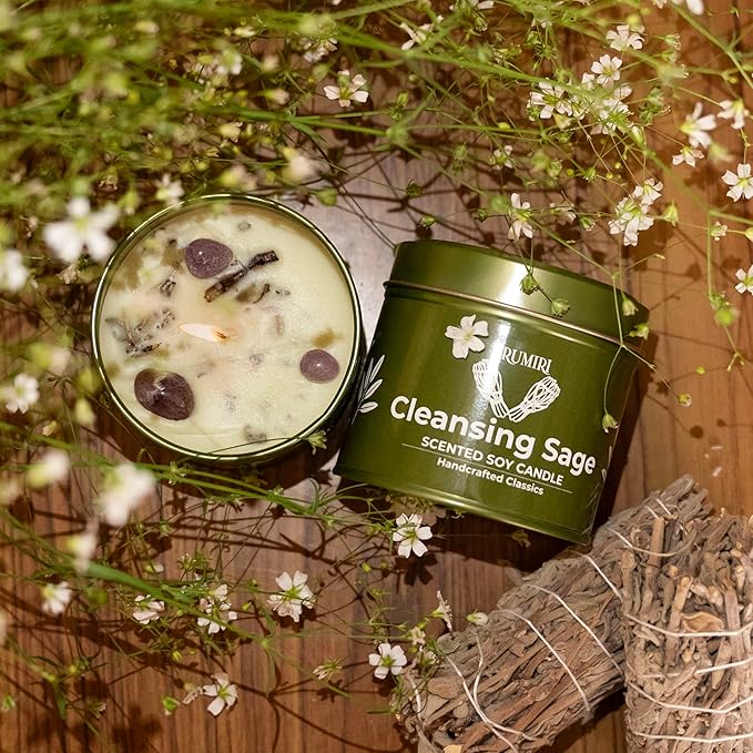 Sage Candle for Cleansing House Negative Energy Smudge Kit - 5oz Soy Wax Natural Clean Organic Non Toxic - Aromatherapy Spiritual Meditation Gifts - Long Lasting Highly Scented Candel with Crystals TRUMIRI