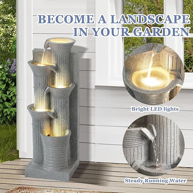 Grepatio Outdoor 5-Tiers Cascading Water Fountain, Garden Waterfalls Fountain with LED Lights, 24" H Modern Indoor Floor Standing Water Fountains with Pump for Patio, Yard, Deck Decor (Light Grey) - Bloomnest
