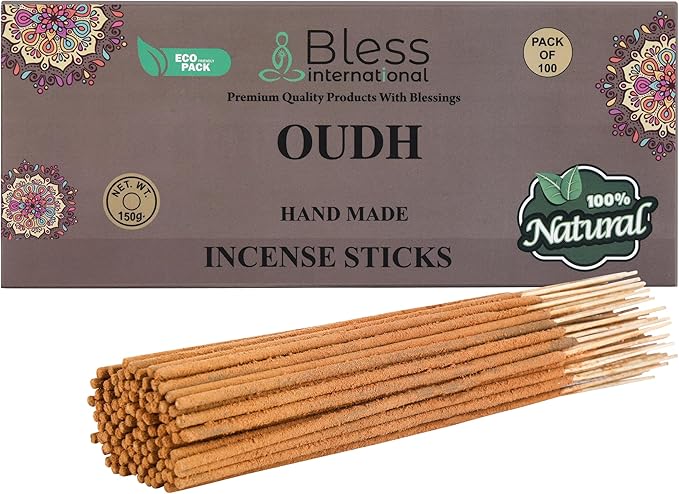 Bless-Oudh 100%-Natural-Handmade-Hand-Dipped-Incense-Sticks Organic-Chemicals-Charcoal-Free Purification-Relaxation-Positivity-Yoga-Meditation Best-Woods-Scent (100 Sticks(5.25 OZ)) BlessInternational