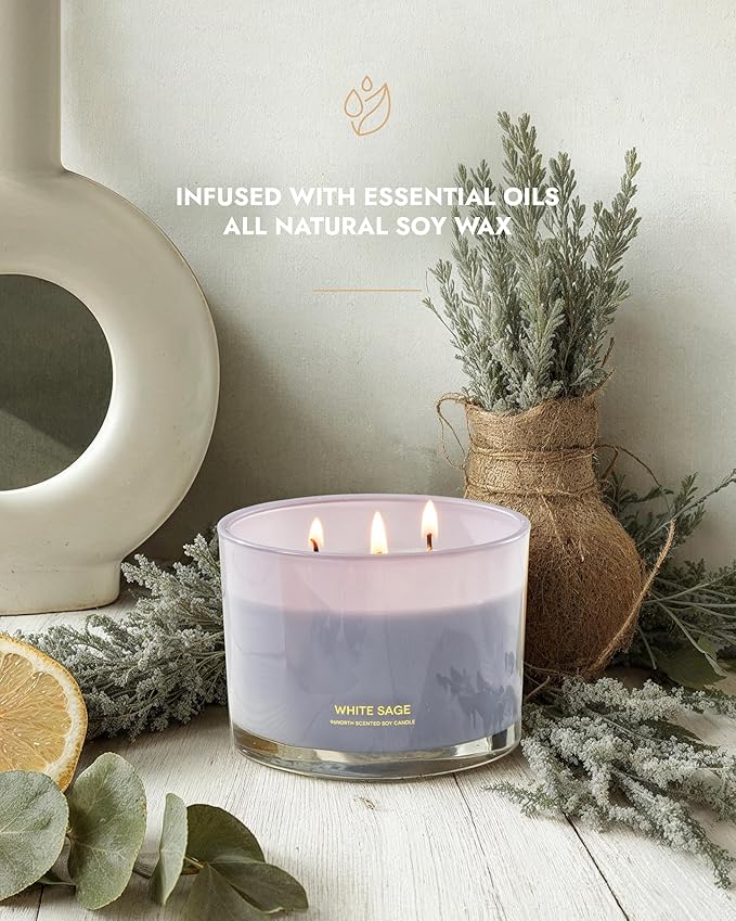 96NORTH Luxury White Sage Candle | Large 3 Wick Jar Candle | Up to 50 Hours Burning Time | 100% Natural Soy Wax | Relaxing Aromatherapy Aesthetic Candles | Housewarming Gift for Men and Women - Bloomnest