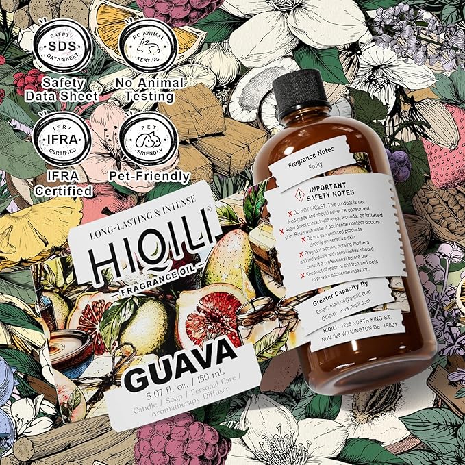 HIQILI Guava Fragrance Oil for Candle, Soap & Bath Bombs Making, Long-Lasting Fruity Scent, and Indoor Diffusers Use - 5.07 Fl Oz HIQILI