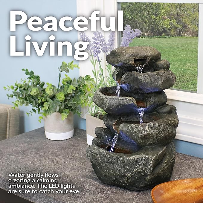 Sunnydaze Tabletop Water Fountain - Stacked Rocks 10.5 Inch Relaxing Desktop Water Fountain with LED Lights - Office, Bedroom, Living Room - Bloomnest
