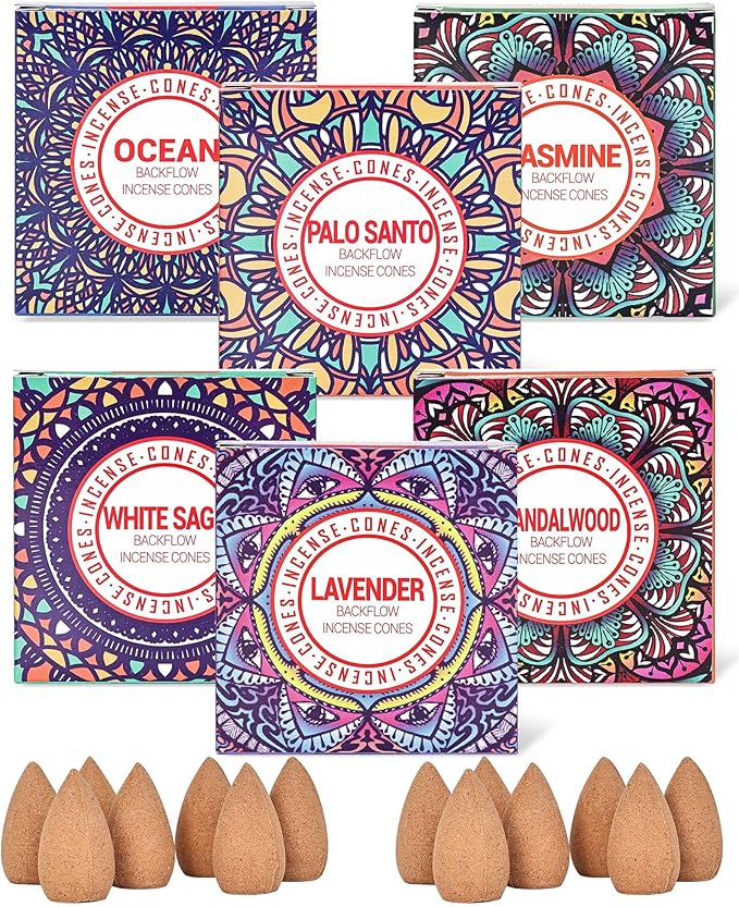 Backflow Incense Cones - 6 Mixed Natural Scents - Sandalwood, Lavender, Jasmine, Ocean, White Sage, Palo Santo, for Purification, Relaxation, Yoga, Meditation Pavocristatus