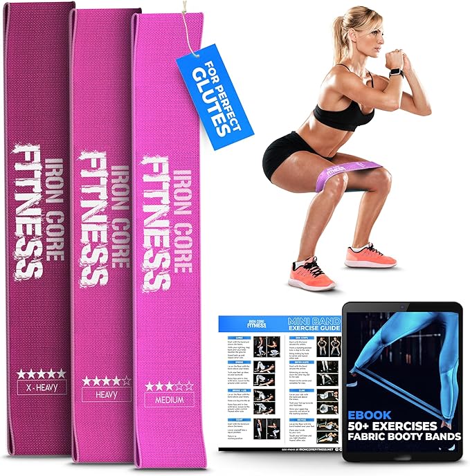 Fabric Mini Resistance Bands Sets for Trainers, Bootcamp, Gym for Men and Women in Fun Colors - Ebook, Videos and Workout Chart Included by Iron Core Fitness - Bloomnest