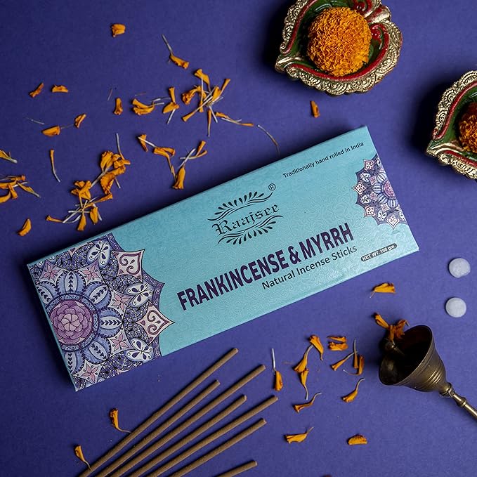 Pure Frankincense & Myrrh Incense Sticks, 100%-Natural Charcoal Free Organic Non Toxic Clean Burning Handmade Insence Sticks 100 gm Pack, Meditation Gifts – Spritual Cleansing RAAJSEE