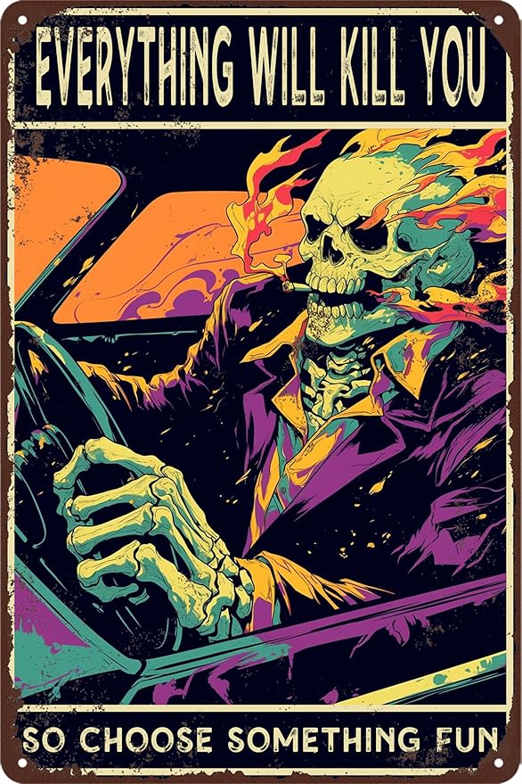 Skeleton Tin Sign Vintage Metal Garage Signs for Men Car Posters Wall Art Decor Skull Metal Tin Sign for Man Cave Funny Street Signs for Bedroom Auto Shop Decor Gifts 8x12 Inch - Bloomnest