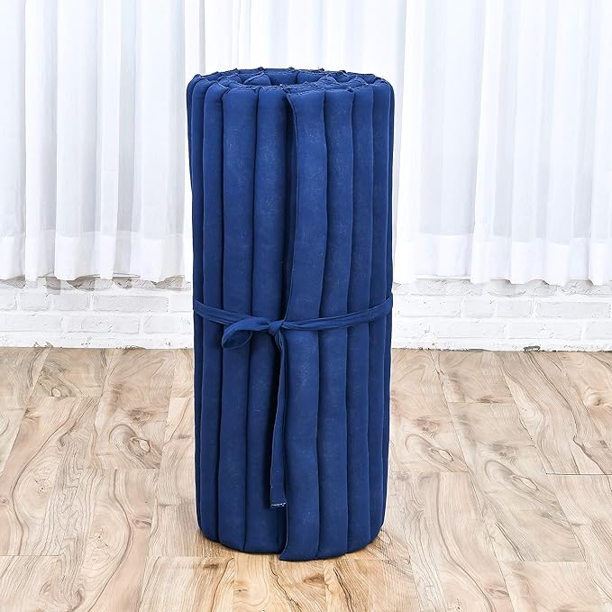 Leewadee - Foldable Floor Mattress - Japanese Roll Up Futon -Trifold Tatami Mat- Guest Floor Bed - Camping Mattress - Thai Massage Mat, Kapok Filled, 75 x 28 inches, Blue - Bloomnest
