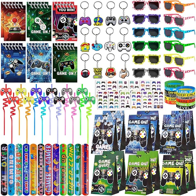 Video Game Party Favors for Kids: Pixel Theme Goodie Bags Stuffers Birthday Party Supplies, Bracelets, Keychain, Sunglasses, Notepads, Stickers, Gift Bags Serves 12 Boy Girl Birthday Party Decorations - Bloomnest